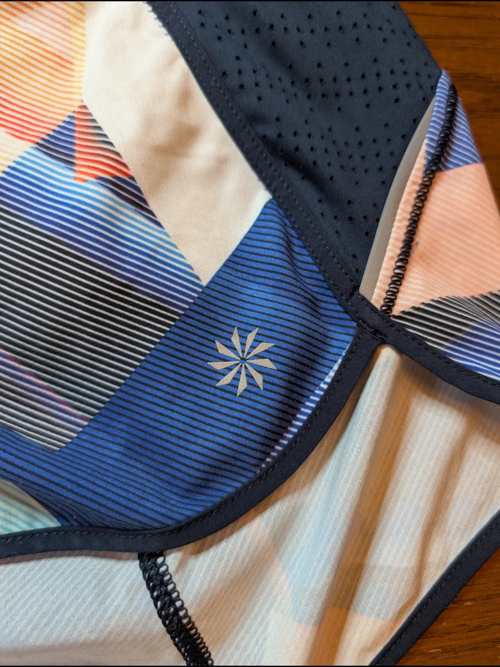 Athleta Blue Geometric Athletic Shorts with Peach Accents Women's Small